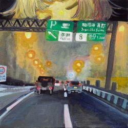  1girl absurdres car closed_eyes commentary_request guard_rail highres highway lamppost minahamu motor_vehicle night original outdoors painterly road road_sign scenery short_hair sign speed_limit_sign street traffic traffic_light vanishing_point white_hair 