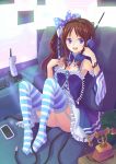  blue_eyes breasts brown_hair cable cleavage garter_belt garter_straps hairband highres holding original phone side_ponytail smile solo striped striped_legwear suikakitsu_shiro thigh-highs thighhighs wire 