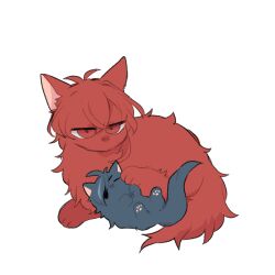  2boys animal animal_focus animal_with_hair animalization baby_animal cat commentary_request diluc_(genshin_impact) eyepatch genshin_impact grey_fur highres kaeya_(genshin_impact) kitten lying multiple_boys nasuka_gee no_humans on_back red_eyes red_fur simple_background white_background 