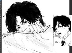  1boy arms_on_head arms_up art_program_in_frame chainsaw_man comic_panel_inset dress_shirt ear_piercing greyscale looking_at_viewer male_focus monochrome multiple_piercings piercing reference_inset shirt short_hair simple_background solo th3kph0enix white_background yoshida_hirofumi 