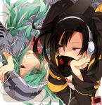  creator_connection ene_(kagerou_project) gas_mask green_hair grin hand_on_headphones headphone_actor_(vocaloid) headphones hoodie kagerou_project kido_(kagerou_project) long_hair mekakushi_code_(vocaloid) multiple_girls red_eyes smile tobari_(brokenxxx) twintails vocaloid 