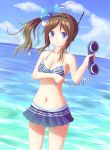  bikini blue_eyes blush bow breasts brown_hair cleavage frilled_bikini frills hair_bow hairband holding looking_at_viewer navel ocean original phone radio_antenna side_ponytail sky smile solo strap_gap striped striped_bikini striped_swimsuit suikakitsu_shiro swimsuit 