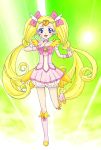  blonde_hair bloomers blue_eyes boots bow bowtie candy_(smile_precure!) choker circlet cure_candy dress green_background hair_bow highres long_hair magical_girl personification pink_dress precure skirt smile smile_precure! solo standing_on_one_leg toworun twintails v 