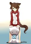  arm_support barefoot brown_hair copyright_request glasses green_eyes hair_ornament hairclip long_sleeves looking_at_viewer shirabi_(life-is-free) short_hair sleeves_past_wrists smile solo standing sweater tail turtleneck zipper 