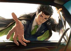 1boy alternate_costume arm_up black_hair black_jacket black_vest car car_interior collared_shirt commentary_request diagonal-striped_clothes diagonal-striped_necktie formal_clothes genji_(overwatch) green_jacket green_necktie highres jacket jacket_partially_removed lapels looking_at_viewer male_focus motor_vehicle multiple_scars necktie outstretched_arm overwatch reaching reaching_towards_viewer red_eyes scar scar_on_face shirt short_sideburns sideburns solo steering_wheel striped_clothes striped_necktie suit_jacket two-sided_fabric two-sided_jacket upper_body vest white_background white_shirt wing_collar yaoyuniz55275 