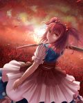  belt cloud clouds dutch_angle eyelashes flower from_behind frown hair_bobbles hair_ornament lips looking_at_viewer looking_back onozuka_komachi open_hand pink_hair red_eyes scythe sen_kagura short_sleeves skirt sky solo spider_lily touhou twintails vest wind 