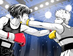  2girls blue_background bob_cut boxing boxing_gloves boxing_shorts breasts closed_eyes commentary_request flying_sweatdrops gloves highres lee_(dragon_garou) midriff mouth_guard multiple_girls original partially_colored pixie_cut punching red_gloves short_hair shorts small_breasts spiky_hair sports_bra stage_lights sweat very_short_hair very_sweaty yellow_gloves 