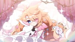  1girl absurdres ahoge blue_eyes braid braided_twintails bridal_gauntlets brown_hair choker closed_mouth commentary english_commentary eyepatch feet flower hair_flower hair_ornament hairband hanya_(vtuber) hazakura_chikori heart heart_eyepatch highres indie_virtual_youtuber looking_at_viewer pink_flower pink_hairband pink_sailor_collar rabbit sailor_collar solo sparkle stirrup_legwear stuffed_animal stuffed_toy toeless_legwear vershion virtual_youtuber white_bridal_gauntlets 