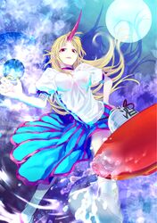  blonde_hair bottle breasts fang full_moon highres horn hoshiguma_yuugi long_hair maryquant moon red_eyes sakazuki sake shirt skirt solo touhou 