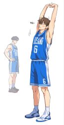  2boys absurdres basketball_jersey basketball_uniform black_hair black_shoes blue_shoes blue_shorts blue_trim brown_eyes brown_hair garbage_time grey_eyes highres ki_sangho looking_at_another mainchaisrn1 mole mole_under_eye multicolored_shoes multiple_boys seong_junsoo shoes short_hair shorts side_part simple_background sneakers socks sportswear stretching tank_top two-tone_shoes two-tone_shorts white_background white_shoes white_shorts white_socks white_tank_top 