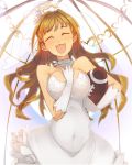  :3 bare_shoulders breasts brown_hair closed_eyes clothed_navel dress elbow_gloves eyes_closed football football_(object) gloves highres hino_akane hino_akane_(idolmaster) idolmaster idolmaster_cinderella_girls kusanagi_kaoru long_hair open_mouth smile solo wedding_dress 