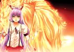  arm_strap bird buckle fiery_wings fire fujiwara_no_mokou lasterk lavender_hair light_smile long_hair looking_at_viewer orange_eyes phoenix solo suspenders touhou wings 