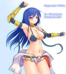  armpits asamura_hiori bare_shoulders blue_hair blush breasts character_request cleavage collarbone fingerless_gloves gloves highres large_breasts long_hair mechanic_(ragnarok_online) midriff navel o-ring_bottom o-ring_top ragnarok_online red_eyes shiny shiny_skin smile solo 