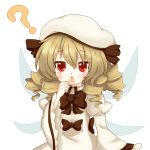  ? aki_chimaki blush brown_hair chestnut_mouth drill_hair fairy_wings hat highres long_hair luna_child open_mouth red_eyes simple_background solo touhou transparent_background white_background wings 