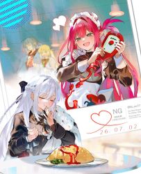  1boy 3girls artoria_caster_(fate) artoria_pendragon_(fate) baobhan_sith_(fate) black_bow blonde_hair blush bow breasts commentary dress eating fate/grand_order fate_(series) food grey_eyes grey_hair hair_bow hair_intakes highres ketchup ketchup_bottle large_breasts long_hair long_sleeves morgan_le_fay_(fate) multiple_girls oberon_(fate) omelet open_mouth pointy_ears sidelocks smile ss_un17 untranslatable_commentary very_long_hair 