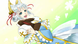  1girl animal animal_ears arch_bishop_(ragnarok_online) bell blue_dress blue_eyes clover commentary_request cross double_bun dress four-leaf_clover fox_ears fox_girl frilled_dress frilled_sleeves frills green_background hair_bell hair_bun hair_ornament hair_ribbon highres holding holding_animal holding_rabbit jingle_bell looking_at_viewer official_alternate_costume open_mouth rabbit ragnarok_online red_ribbon ribbon short_hair smile solo two-tone_dress upper_body white_dress yuna_kagachi 