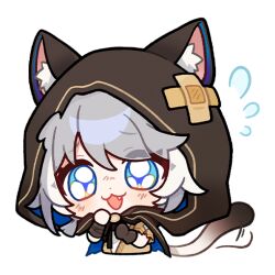  1girl animal_ears animal_hood bandaid bandaid_on_head blue_eyes cat_ears cat_tail chibi chibi_only cipher_(honkai:_star_rail) cipher_(in_pursuit_of_the_wind)_(honkai:_star_rail) dirty dirty_face fang flying_sweatdrops grey_hair honkai:_star_rail honkai_(series) hood hood_up hooded_jacket jacket looking_at_viewer official_art open_mouth short_hair solo tail tearing_up 