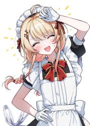  1girl ahoge apron blonde_hair bow braid closed_eyes commentary_request enmaided gloves hair_ornament hand_on_own_hip hololive hololive_dev_is long_hair maid maid_apron maid_headdress matana_(tske2247) musical_note musical_note_hair_ornament otonose_kanade red_bow trash_bag virtual_youtuber white_background white_gloves 