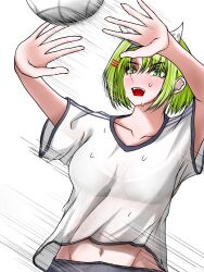  aoki_shibasaki_(iamgokengz_) black_sports_bra bob_cut gokeng_(iamgokengz_) green_eyes green_hair hair_ornament hairclip hand_up highres medium_hair open_mouth original ribbon serious sports_bra sportswear stomach sweat sweatdrop volleyball_(sport) white_background 