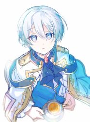  1girl alternate_hair_length_(shorter) androgynous blue_hair commentary_request cropped_torso cup frilled_sleeves frills from_above grey_hair hair_between_eyes hero_girl521 holding holding_cup holding_saucer long_sleeves looking_at_viewer official_alternate_costume official_alternate_hairstyle parted_lips project_sekai relax_teatime_(project_sekai) saucer short_hair simple_background solo teacup white_background yoisaki_kanade 