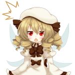 1girl aki_chimaki blush bow brown_hair chestnut_mouth drill_hair fairy_wings hat highres long_hair luna_child open_mouth red_eyes simple_background solo touhou transparent_background white_background wings 