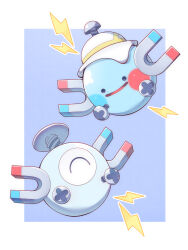  absurdres black_eyes ditto floating happy hat highres looking_at_another magnemite magnet metal_skin one-eyed pokemon pokemon_(creature) pokemon_pokopia rlngo_juice screw smile solid_circle_eyes transformed_ditto 
