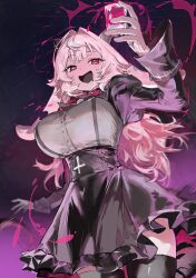  1girl absurdres black_bow black_horns black_mouth black_saliva black_shirt black_skirt black_thighhighs blush bow breasts commentary cross cup drooling femme_soule grey_shirt hair_intakes highres holding holding_cup horizontal_pupils horns inverted_cross inverted_cross_print large_breasts long_hair long_sleeves open_mouth pink_eyes pink_hair pukey_goddess_shot_trick seeshin_see shirt skirt smile solo thigh-highs thighs 