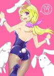  ass back bare_shoulders blonde_hair bow bunny bunny_ears bunny_tail bunnysuit charlotte_dunois fishnet_pantyhose fishnets hair_bow infinite_stratos laura_bodewig open_mouth pantyhose pochi_(pochi-goya) ponytail purple_eyes rabbit rabbit_ears tail violet_eyes wink wrist_cuffs 