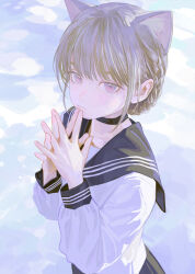  1girl animal_ears black_choker black_skirt blue_sailor_collar blunt_bangs cat_ears cat_girl choker closed_mouth crossed_fingers extra_ears fkey from_above grey_hair highres long_sleeves looking_at_viewer nape_braid original pink_eyes pleated_skirt puffy_long_sleeves puffy_sleeves sailor_collar school_uniform serafuku sidelocks skirt solo tagme upper_body 