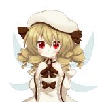  aki_chimaki blush bow brown_hair chestnut_mouth drill_hair fairy_wings hat highres long_hair luna_child red_eyes simple_background smile solo touhou transparent_background white_background wings 