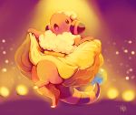  clothed_pokemon commentary creature dancing dress flaaffy highres light looking_up no_humans open_mouth pokemon pokemon_(creature) purplekecleon sheep signature solo yellow_dress 
