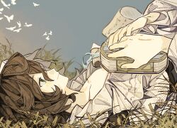  1girl 30000000000 bird brown_hair from_side grass green_eyes grey_sky halftone hands_up highres holding holding_notebook lying notebook official_alternate_costume on_back profile recoleta_(reverse:1999) reverse:1999 shirt sky smile solo upper_body white_bird white_shirt 
