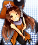  anchor bare_shoulders belt black_legwear blush brown_eyes brown_hair grin guilty_gear hat long_hair may_(guilty_gear) njigen_hairitai pantyhose pirate pirate_hat skull_and_crossbones smile solo wink 