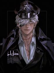  1boy black_hat black_jacket blood closed_mouth collared_shirt colored_eyelashes eyepatch hat highres jacket jewelry looking_at_viewer male_focus military_uniform original scar scar_on_face scar_on_neck shirt short_hair smile solo upper_body volff white_eyelashes white_eyes white_hair white_shirt 