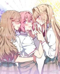  3girls amaori_renako blonde_hair blush brown_hair closed_eyes closed_mouth collared_shirt commentary girl_sandwich hand_on_another's_waist holding_another's_wrist long_hair multiple_girls neruyuribear open_mouth ouzuka_mai parted_lips pink_hair sandwiched sena_ajisai shirt sparkle sweat violet_eyes watashi_ga_koibito_ni_nareru_wake_naijan_murimuri! white_shirt yuri 