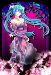  aqua_eyes aqua_hair bare_shoulders crossed_arms dress earrings flower hair_flower hair_ornament hatsune_miku ichika_asatsuki jewelry long_hair necklace solo stained_glass strapless_dress twintails very_long_hair vocaloid 