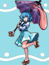  1girl absurdres aqua_vest blue_background blue_eyes blue_hair blue_vest burukyu geta heterochromia highres holding holding_umbrella juliet_sleeves karakasa_obake long_sleeves looking_at_viewer puffy_sleeves purple_umbrella red_eyes shirt short_hair simple_background skirt smile solo tatara_kogasa tongue touhou tsukumogami umbrella vest 