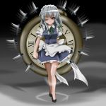  afterimage apron between_fingers bow braid breasts dress_shirt frown gradient gradient_background grey_background hair_bow high_heels howaso izayoi_sakuya knife looking_at_viewer maid_headdress motion_blur no_socks pocket_watch red_eyes ribbon roman_numerals shirt shoes short_hair silver_hair simple_background skirt solo touhou twin_braids vest walking watch wink 