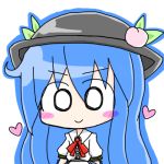  ascot blue_hair blush_stickers chibi deformed food fruit hat heart hinanawi_tenshi leaf long_hair lowres no_nose nukoneko_(nuneko) o_o peach solo touhou 