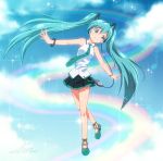  1girl 2013 aqua_eyes aqua_hair artist_name bracelet clouds dated hatsune_miku headphones jewelry long_hair musical_note necktie nicca_(kid_nicca) outstretched_arms rainbow shoes skirt sky smile solo spread_arms twintails very_long_hair vocaloid 