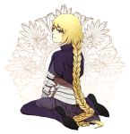  blonde_hair braid capelet dress fate/apocrypha fate/zero fate_(series) gauntlets headpiece jeanne_d&#039;arc_(fate/apocrypha) jeanne_d'arc_(fate/apocrypha) purple_eyes purple_legwear reito6 ruler_(fate/apocrypha) single_braid sitting solo thigh-highs thighhighs violet_eyes wariza 