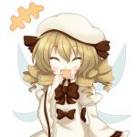  aki_chimaki blush brown_hair drill_hair fairy_wings hat highres laughing long_hair luna_child open_mouth simple_background smile solo touhou transparent_background white_background wings 