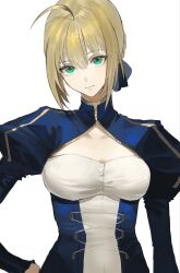  1girl absurdres ahoge artoria_pendragon_(fate) blonde_hair blue_dress blue_ribbon breasts closed_mouth commentary dress fate/stay_night fate_(series) gold_trim green_eyes hair_ribbon highres juliet_sleeves long_sleeves looking_at_viewer puffy_sleeves ribbon saber_(fate) sidelocks simple_background small_breasts smile solo two-tone_dress upper_body white_background white_dress yammu 