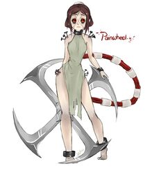  1girl bare_legs bare_shoulders barefoot black_sclera brown_hair bun_cover contrapposto cyborg dress hair_bun highres huge_weapon jellyenvy nail no_mask painwheel_(skullgirls) pale_skin pigeon-toed red_eyes shackle shuriken side_slit skullgirls slender_waist solo stitches veins weapon 