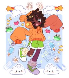  >_o 1boy :d black_eyes blush brown_hair carrie_fisher child clouds commentary dark-skinned_male dark_skin darwin_watterson drawstring dreadlocks english_commentary food green_shoes green_shorts highres hood hood_up hoodie humanization lined_paper loose_socks male_focus one_eye_closed orange_hoodie paperclip popsicle rainbow sharpycharot shoes shorts sleeves_past_fingers sleeves_past_wrists smile sneakers socks solo standing standing_on_one_leg sticker tape the_amazing_world_of_gumball very_dark_skin white_socks 