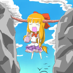  1girl barefoot bird blunt_bangs bow bowtie closed_eyes clouds commentary_request day gourd hair_bow highres holding holding_gourd ibuki_suika long_hair open_mouth orange_hair peroponesosu. purple_skirt red_bow red_bowtie rock shirt single_tear skirt sleeveless sleeveless_shirt solo stuck touhou very_long_hair white_shirt 