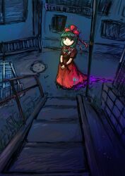  1girl building commentary_request dade_ne dress energy front_ponytail green_eyes green_hair highres kagiyama_hina long_hair looking_at_viewer one-hour_drawing_challenge railing red_dress road short_sleeves solo stairs street touhou 