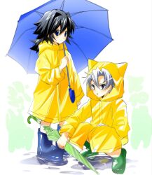  2boys aged_down alternate_costume black_hair blue_boots boots full_body grey_hair hair_between_eyes highres holding holding_umbrella kimetsu_no_yaiba long_hair looking_at_viewer low_ponytail male_focus multiple_boys nyan5s0ba parted_lips ponytail raincoat rubber_boots short_hair spiky_hair squatting tomioka_giyuu umbrella yellow_raincoat 