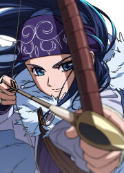  1girl ainu ainu_clothes arrow_(projectile) asirpa bandana blue_bandana blue_eyes bow_(weapon) cape cloak drawing_bow earrings fur_cape fur_cloak golden_kamuy hat headband holding holding_arrow holding_bow_(weapon) holding_weapon hoop_earrings jewelry kepi military_hat purple_headband quiver solo two-tone_headwear weapon yoko.u 