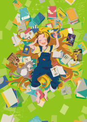  1girl absurdres animal barefoot blonde_hair blue_overalls blush book book_stack cat closed_eyes commentary english_text facing_viewer feet floor from_above full_body green_background grey_cat hair_spread_out hand_on_headphones headphones highres holding knees_up listening_to_music long_hair lying magotsuki_(hurray) on_back on_floor open_book open_mouth orange_hair original overalls paper papers pen pile_of_books shirt short_sleeves signature smile solo striped_clothes striped_shirt toes variant_set very_long_hair 